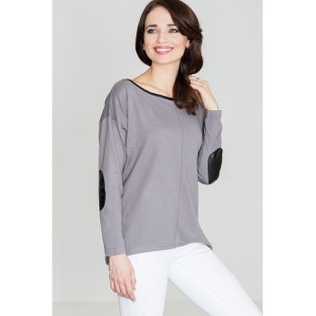 Pulover dama  K118 - gri - poliester - elastan - acril - decolteu semicircular - maneci lungi cu petice decorative