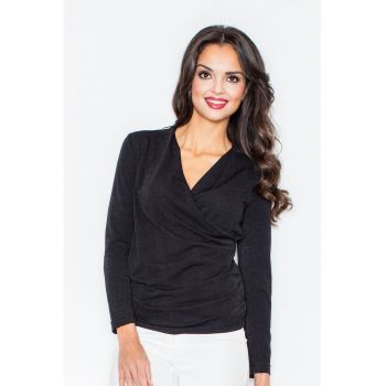 Pulover dama  negru - elegant - din poliester si elastan - cu decolteu tip plic -