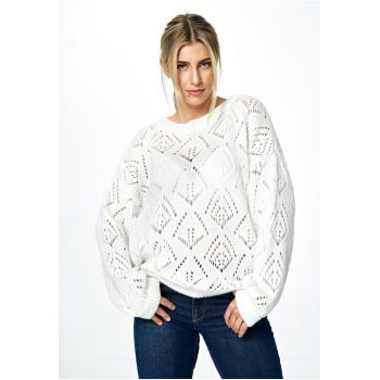 Pulover dama  oversize ajurat - decolteu barca - alb -