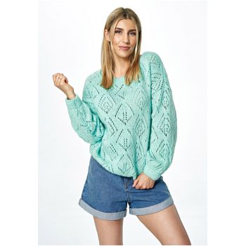 Pulover dama  oversize ajurat - decolteu barca - albastru -