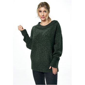 Pulover dama  oversize - guler barca - masliniu inchis - material tricotat cu lana -