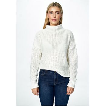 Pulover dama oversize  guler inalt - ecru - material calduros - design modern -