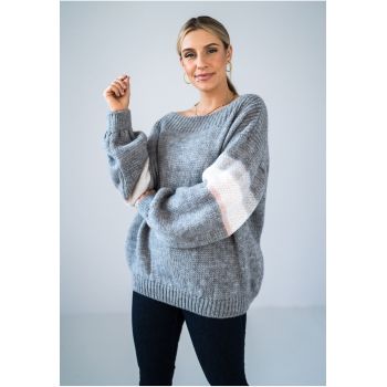 Pulover dama  supradimensionat - maneci colorate - gri -