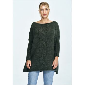 Pulover supradimensionat  decolteu larg - impletituri - verde - tricotaje cu lana -