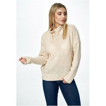 Pulover supradimensionat -  guler inalt - bej - material tricotat cu lana -