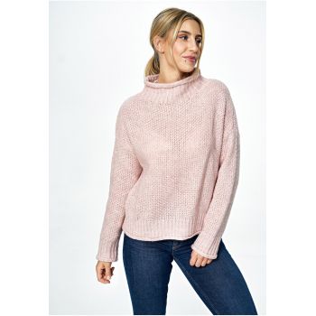 Pulover supradimensionat  guler inalt - roz deschis - tricotaj moale - lana -
