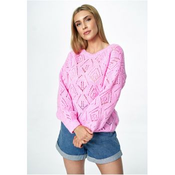 Pulover supradimensionat  roz - cu decolteu tip barca - model ajurat - din amestec de lana -