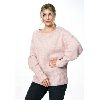 Pulover supradimensionat  roz deschis - guler barca - material tricotat cu lana -