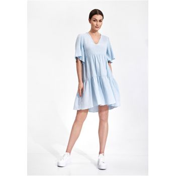 Rochie  bumbac - cu volane - albastru deschis -