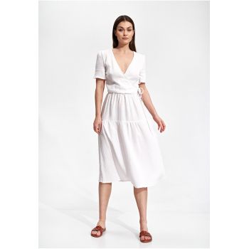 Rochie midi  bumbac 100% - alb - design minimalist - maneci scurte
