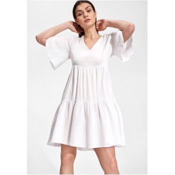 Rochie mini  bumbac 100% - alb - croi evazat - maneci scurte -