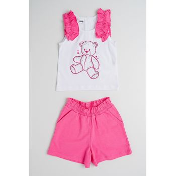 Set de top cu model - aplicatii cu volane si pantaloni scurti cu model uni - 2 piese