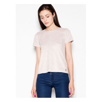 Bluza dama  bej - maneci scurte din piele intoarsa - decolteu semicircular - fermoar decorativ auriu