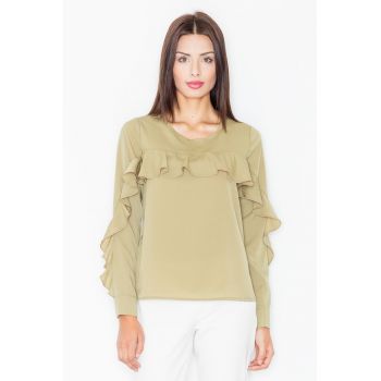 Bluza dama cu volane -  Poliester/Elastan/Viscoza - Masliniu