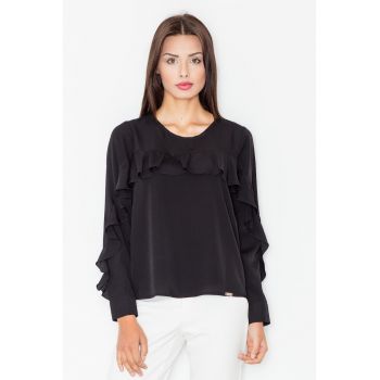 Bluza dama cu volane -  Poliester/Elastan/Viscoza - Negru