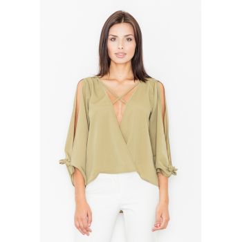 Bluza dama -  Maneci decupate - Poliester/Elastan/Viscoza - Masliniu -