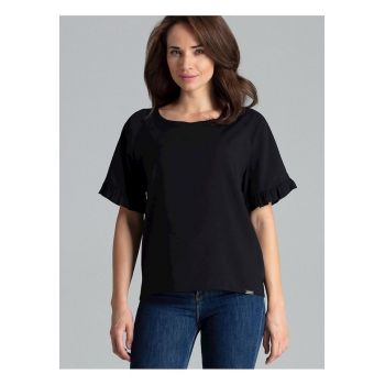 Bluza dama  neagra - maneci scurte - decolteu semicircular - volan delicat - poliester.