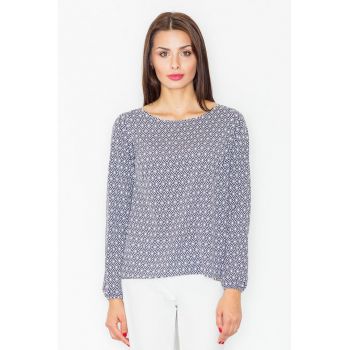Bluza dama -  Poliester/Elastan - Model geometric - Albastru/Alb -