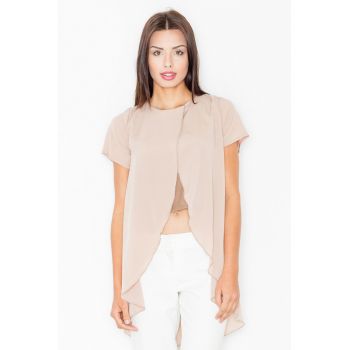 Bluza dama -  Poliester/Elastan/Viscoza - Asimetrica - Maneca scurta - Bej -