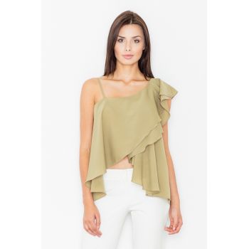 Bluza dama -  Poliester/Elastan/Viscoza - Cu volane - Masliniu