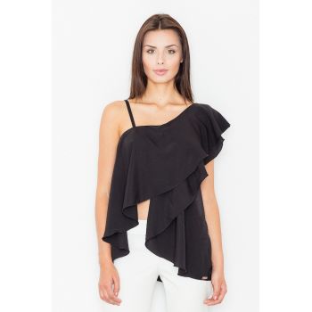 Bluza dama -  Poliester/Elastan/Viscoza - Cu volane - Negru