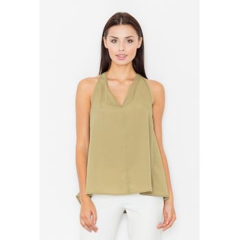 Bluza dama -  Poliester/Elastan/Viscoza - Spatele deschis - Decolteu V - Masliniu