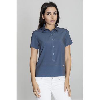 Bluza dama -  Tip camasa - Maneca scurta - Poliester/Elastan - Bleumarin -