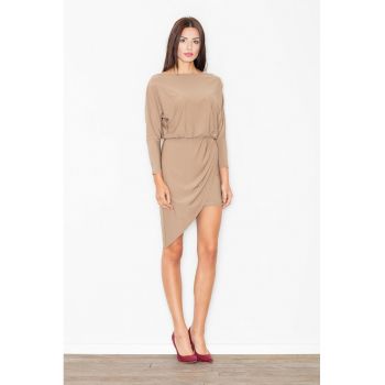 Rochie  asimetrica - bej - cu maneci lungi - poliester - eleganta - versatila