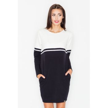 Rochie  bumbac - alb-negru - cu buzunare