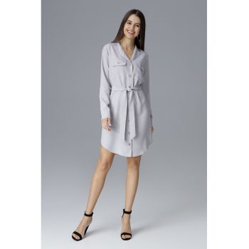 Rochie camasa  M630 gri - maneca lunga - cu nasturi si curea - poliester 100%