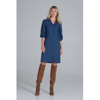 Rochie camasa  M849 - maneci bufante - albastru - poliester 100% -