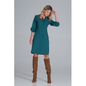 Rochie -  camasa - maneci bufante 3/4 - verde - poliester