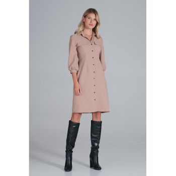 Rochie -  camasa - maneci bufante - bej - poliester