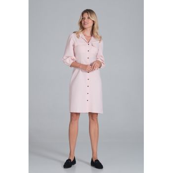 Rochie -  camasa - maneci bufante - roz - casual - poliester