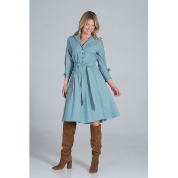 Rochie camasa midi cu centura  verde - bumbac 100%