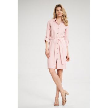 Rochie camasa -  roz - cu centura si buzunare - maneci 3/4 - poliester
