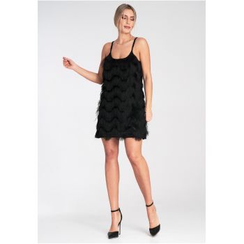 Rochie cu franjuri -  neagra - eleganta - fara maneci - din poliester -