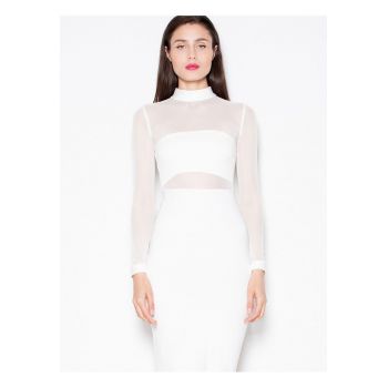 Rochie de seara  alb - tricotaje confortabile - maneci lungi - plasa transparenta -