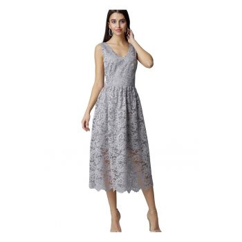 Rochie de seara  lunga din dantela - gri - fara maneci - cu decolteu elegant - captusita - poliester