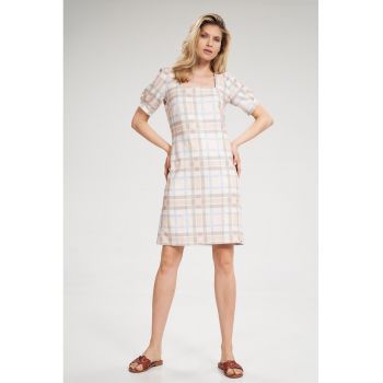Rochie de vara  M704 - ecru cu accente multicolore - poliester - decolteu patrat - maneci scurte