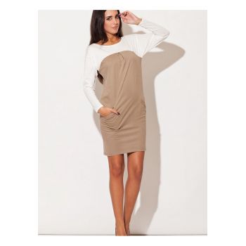 Rochie  ecru - bumbac si poliester - maneci lungi - detalii cu buzunare