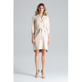 Rochie  eleganta - bej - cu volan pe decolteu - legata cu curea - poliester