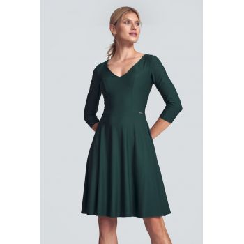 Rochie evazata  M709 - verde - decolteu in V - maneci 3/4 - viscoza