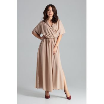 Rochie lunga  L055 - eleganta - cu talie elastica - bej - poliester 100%