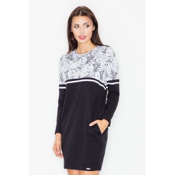 Rochie  M510 - florala - maneca lunga - neagra - bumbac cu buzunare