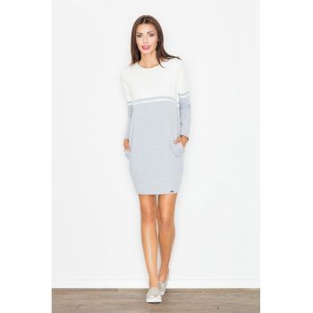 Rochie  M510 - gri cu ecru - bumbac - cu buzunare - maneci lungi
