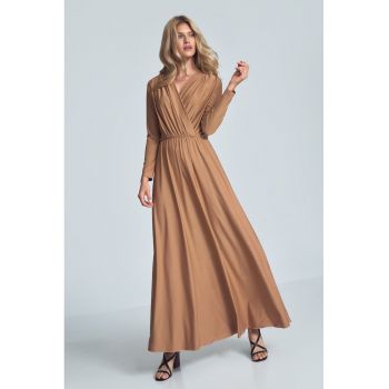 Rochie maxi  bej - maneci lungi - decolteu plic - poliester