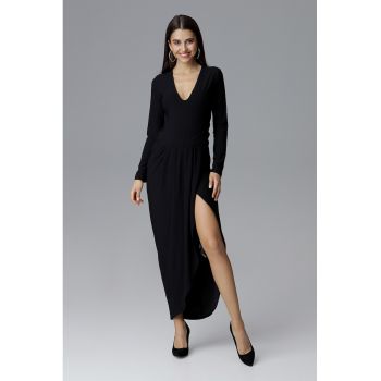 Rochie maxi eleganta neagra -  decolteu in V - maneci lungi - poliester -