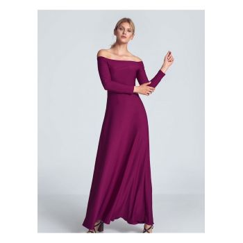 Rochie maxi  fuchsia - cu maneci lungi - decolteu mare - pliuri la piept - elastan 5% - poliester 95%
