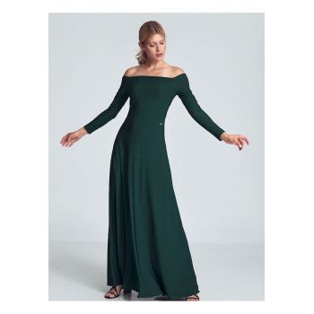 Rochie maxi  verde - cu maneci lungi - decolteu mare - pliuri in zona pieptului - cusuta in talie - elastan 5% - poliester 95%